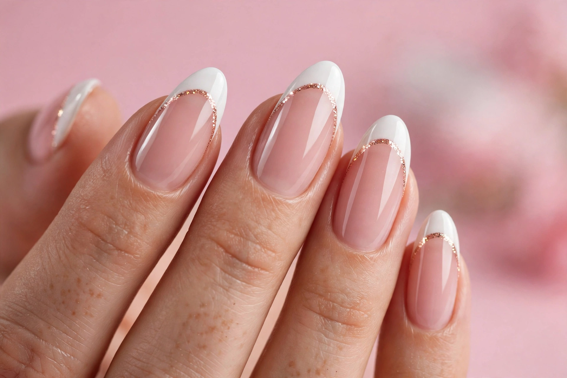 Modern French manicure with rose gold accent