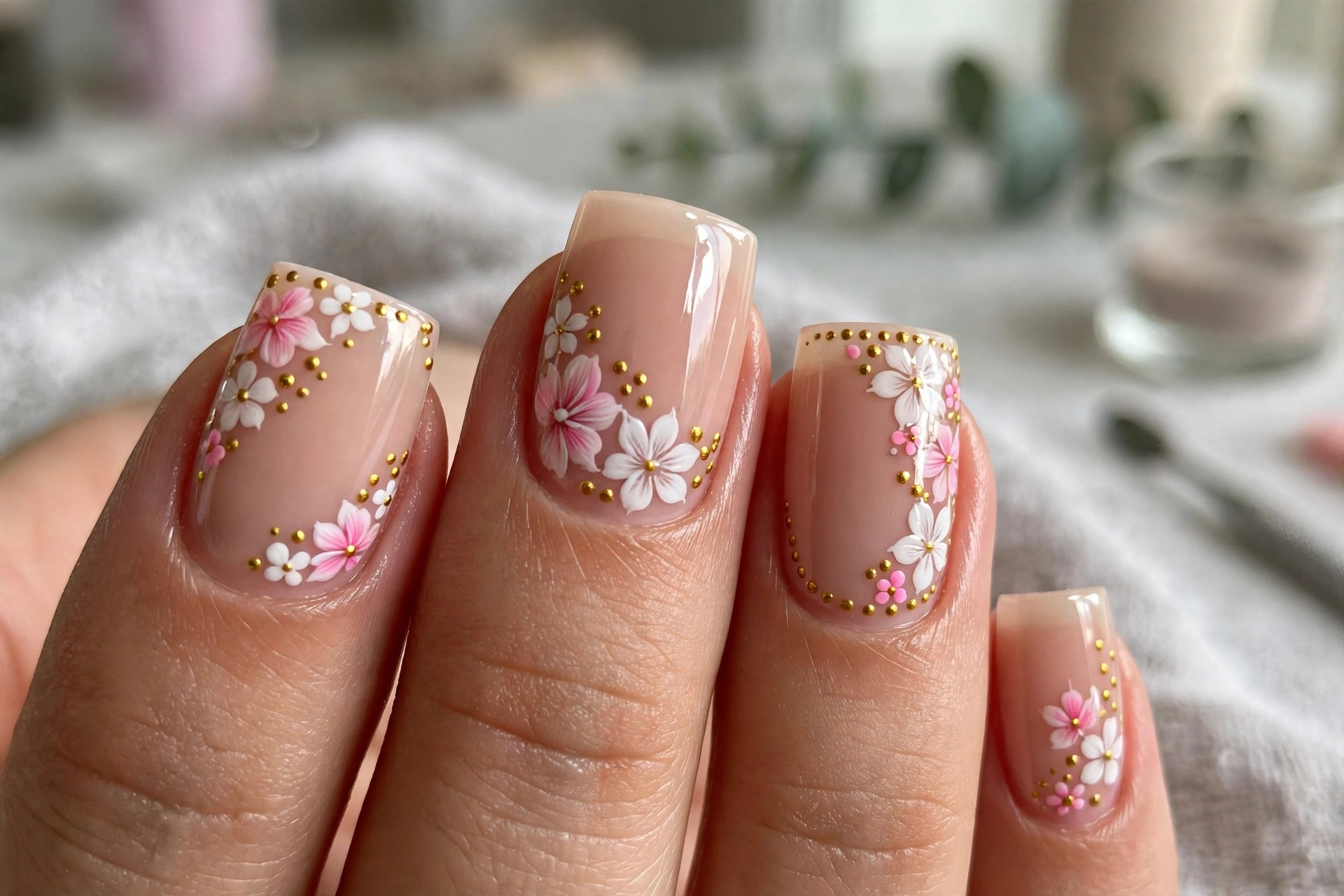 Hand-painted flower nail art