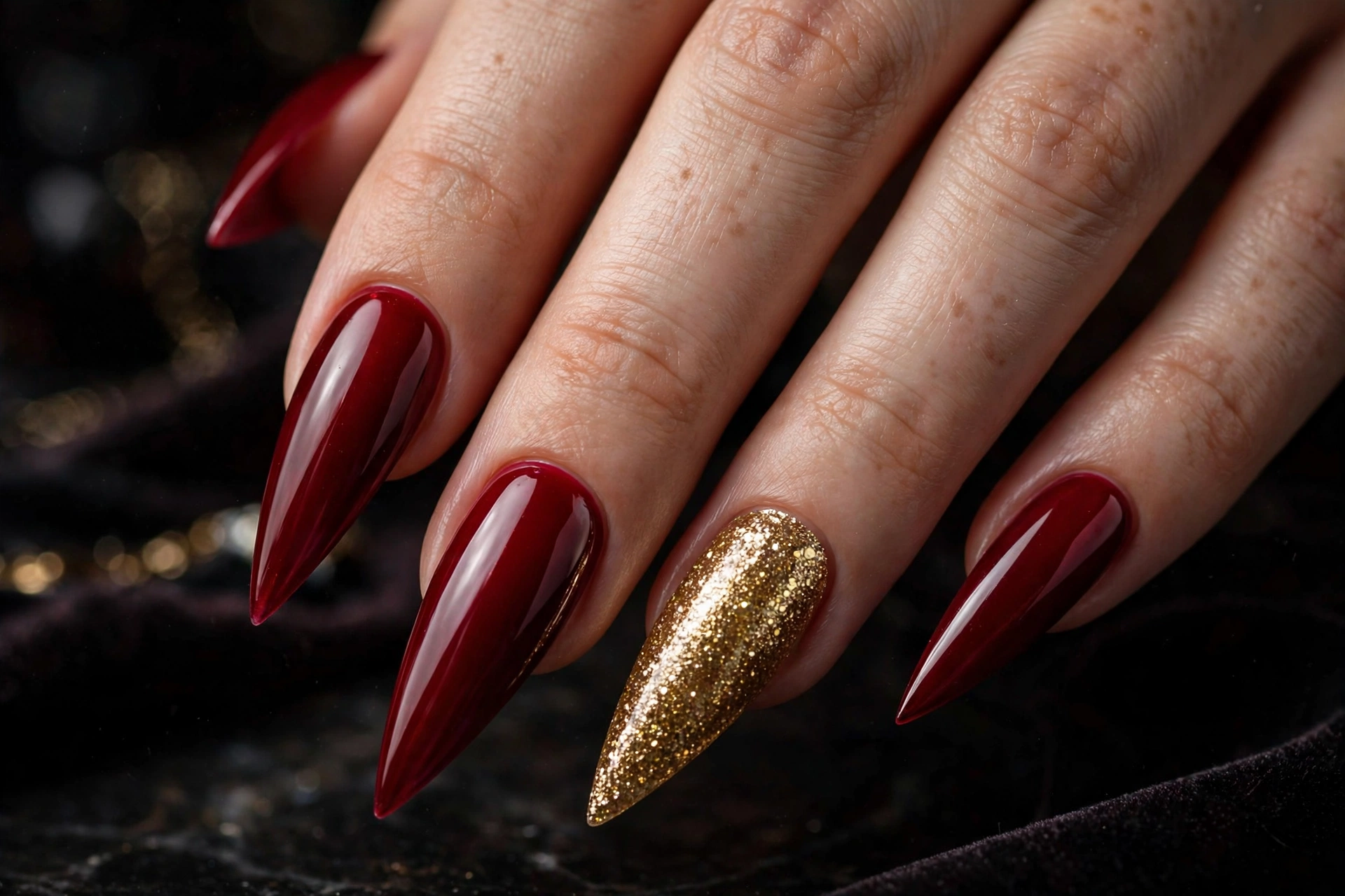 Glam red nails with gold glitter